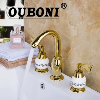 OUBONI Луксозен позлатен смесител за баня, монтиран на бортике, 3 бр./компл., за вани, европейският смесител за мивка, керамичен корпус на крана