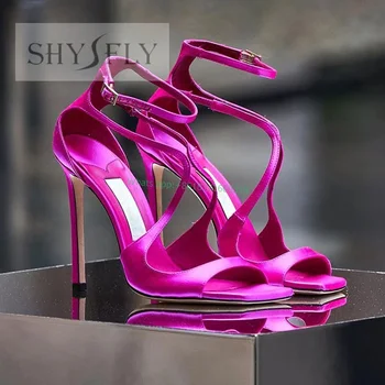 Атласное рокля цвят фуксия с квадратни пръсти, луксозни сандали, дамски дизайнерски обувки на висок ток-висок ток, 2023, дамски обувки са с цип, за сватба