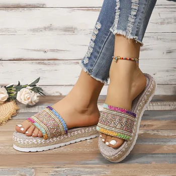 Дамски чехли 2023, Летни Нови Модни Дамски обувки на платформа с отворени пръсти, Плажни Ежедневни Дамски Чехли в бохемски стил, Zapatos Mujer