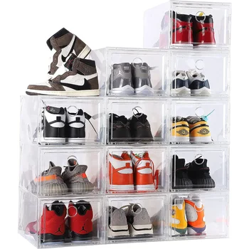 Кутии за съхранение на обувки в 12 опаковки, Кутия За Обувки, От Прозрачна Пластмаса, Штабелируемая, Прибиращи Контейнери За притежателя на обувки с Предно отваряне (Прозрачен)