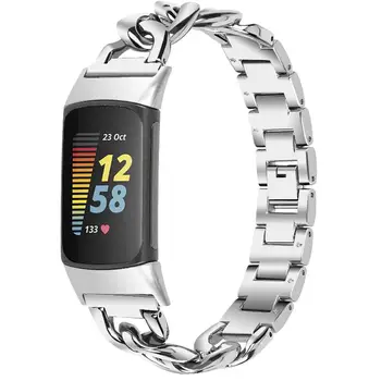 Луксозна каишка за Fitbit Charge 5, каишка за часовник от неръждаема стомана, гривна-верижка, подарък за жена, черна/сребриста верижка от джинсового сплав