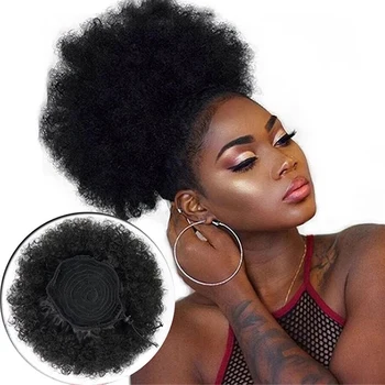 Синтетичен комплект за коса в стил афро, къдрав кок за коса, гъсти къдрави коси дантела, скоба, за да cauda equina, синтетична гумена лента за коса