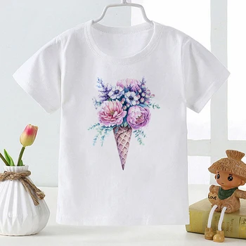 Эстетичная детски дрехи с флорални сладолед, лятна ежедневни тениска за момичета, модни красива градинска облекло, тениски за деца