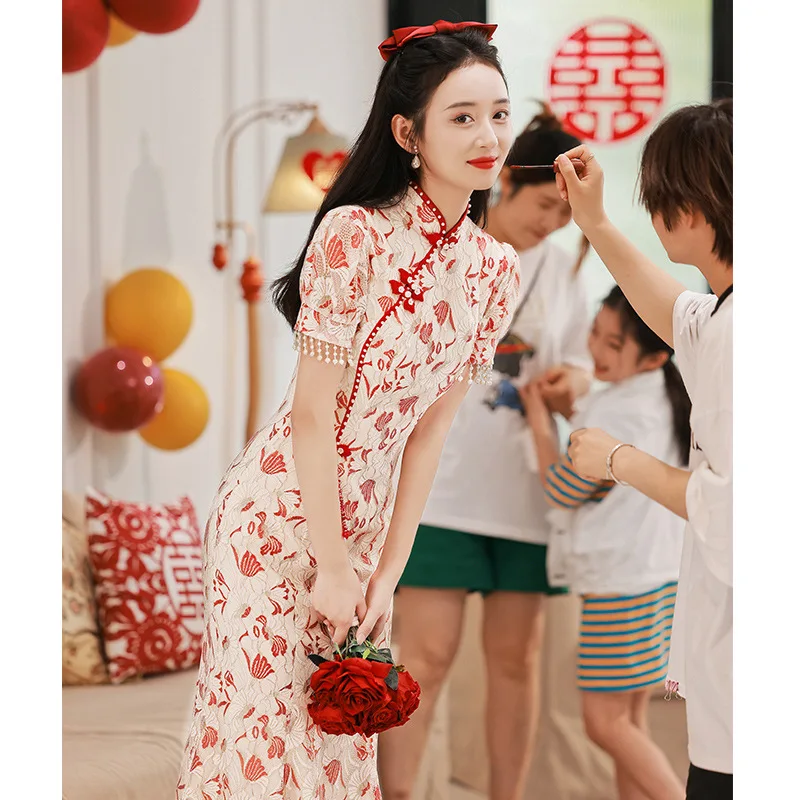 Yourqipao 2023 Нов Китай-Шик Чонсам За Млади Момичета, Къса Червена Китайската Традиционна Облекло, облекло за Сватбеното парти, Женски Vestido . ' - ' . 0